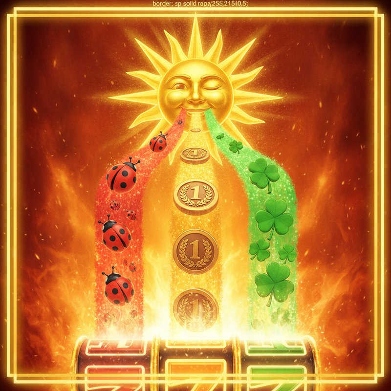 Alles Spitze Merkur Slot Automatenspiel mit lodernden Flammen Hintergrund, drei Gewinnleitern für Käfer Münze und Kleeblatt, leuchtende Merkur Sonne als Wild Symbol, klassisches Spielhallen Design mit goldenen Einsätzen